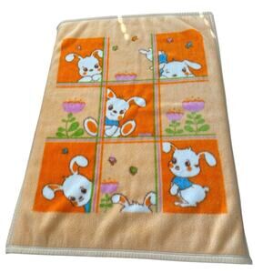 Vintage Baby Plush Blanket Bunny Tulips Flowers Fuchsia Pink Orange Squares